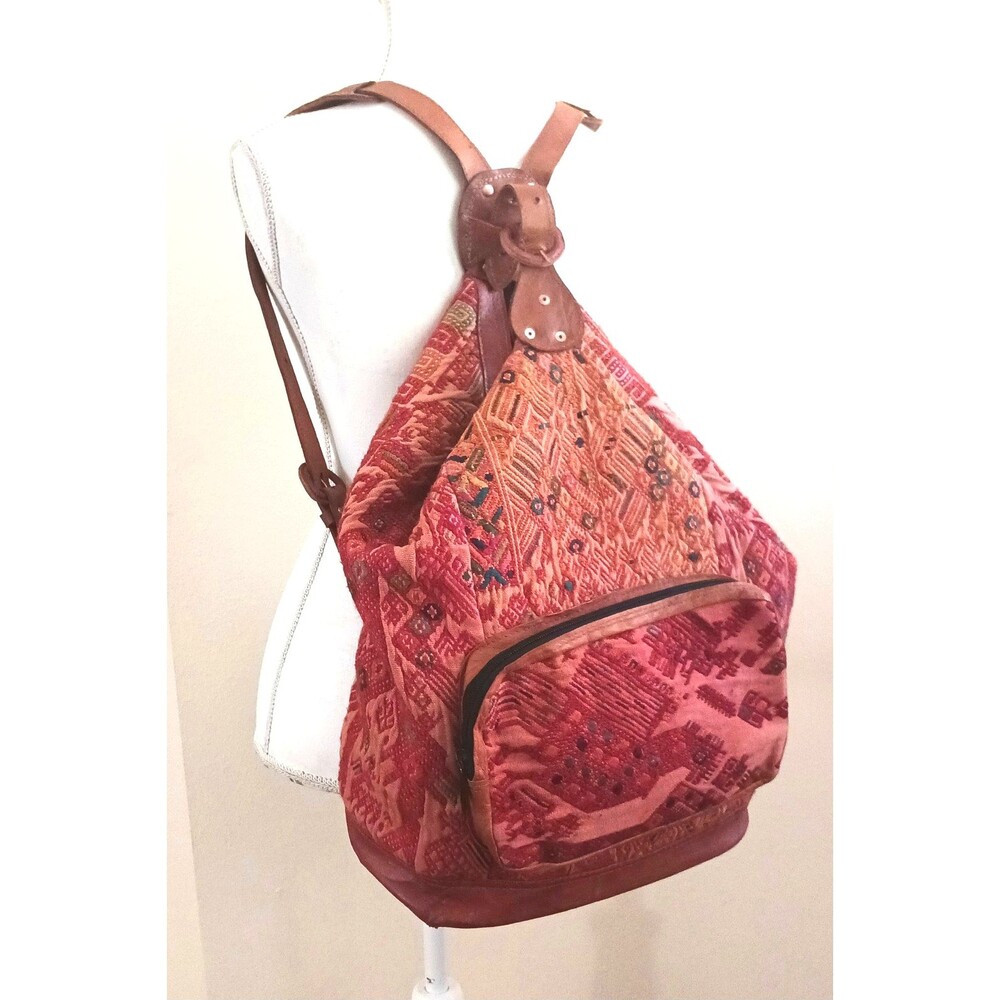 Handwoven Guatemalan Textile Lg Backpack Brown Leather Straps Hippie Boho